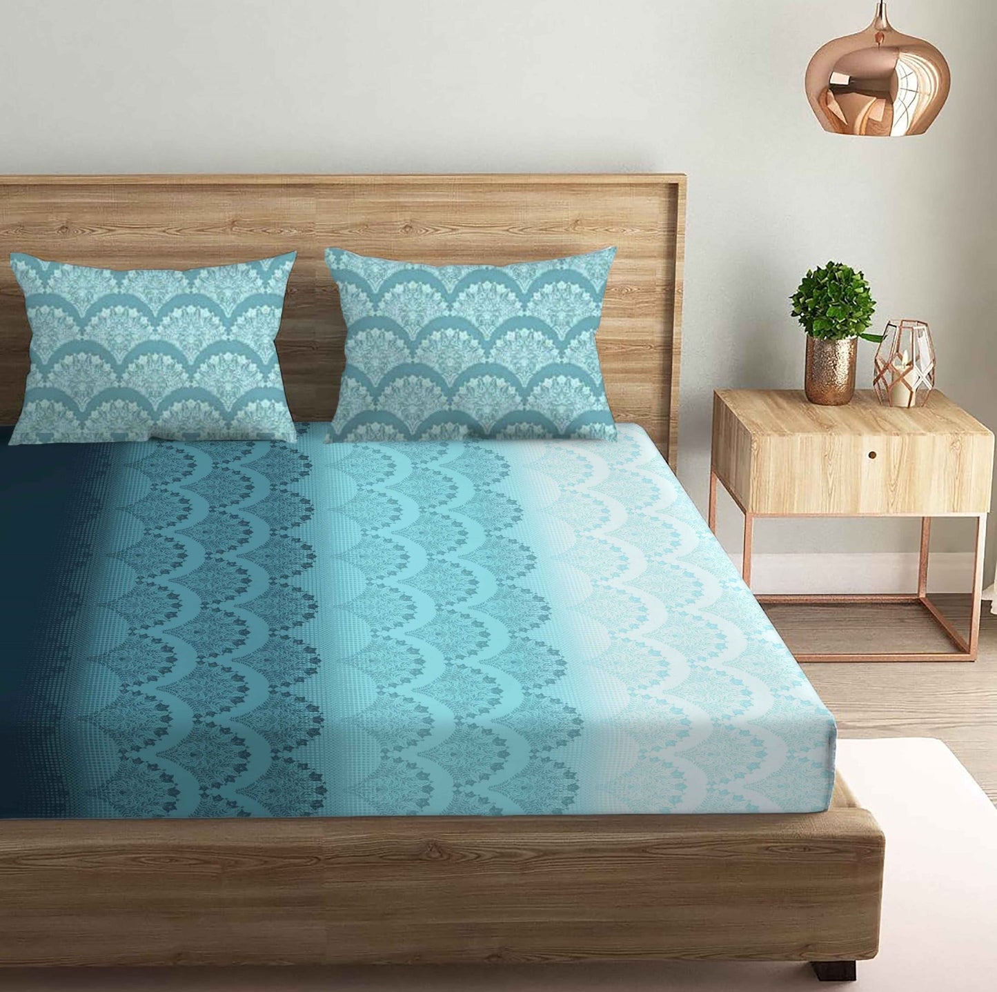 Flower Printed Blue Double Bedsheet with Two Pillow Cover | 210TC | King size 9x9 feet