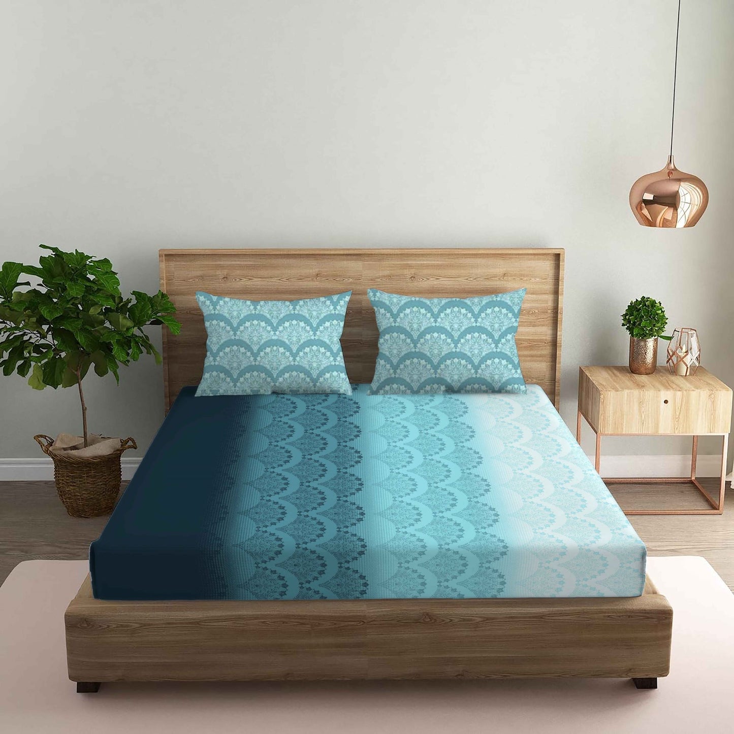 Flower Printed Blue Double Bedsheet with Two Pillow Cover | 210TC | King size 9x9 feet