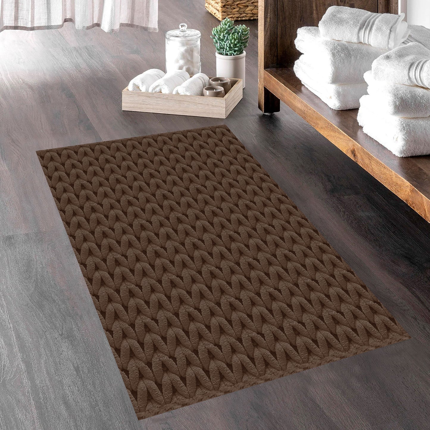 Cable Chocolate 40x60cm Bath Mat & Door Mat | Highly Absorbent | Anti-Skid for Superior Safety and Comfort