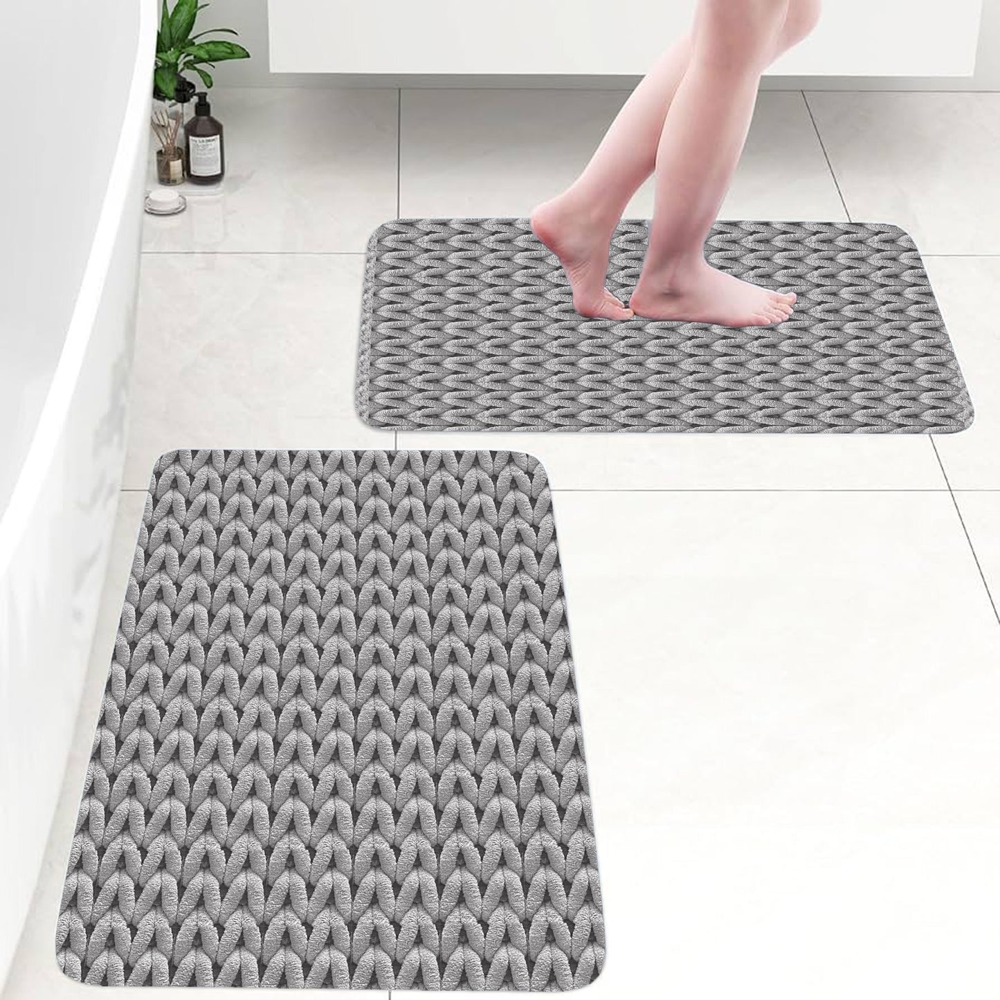 Cable Grey 40x60cm Bath Mat & Door Mat | Highly Absorbent | Anti-Skid for Superior Safety and Comfort