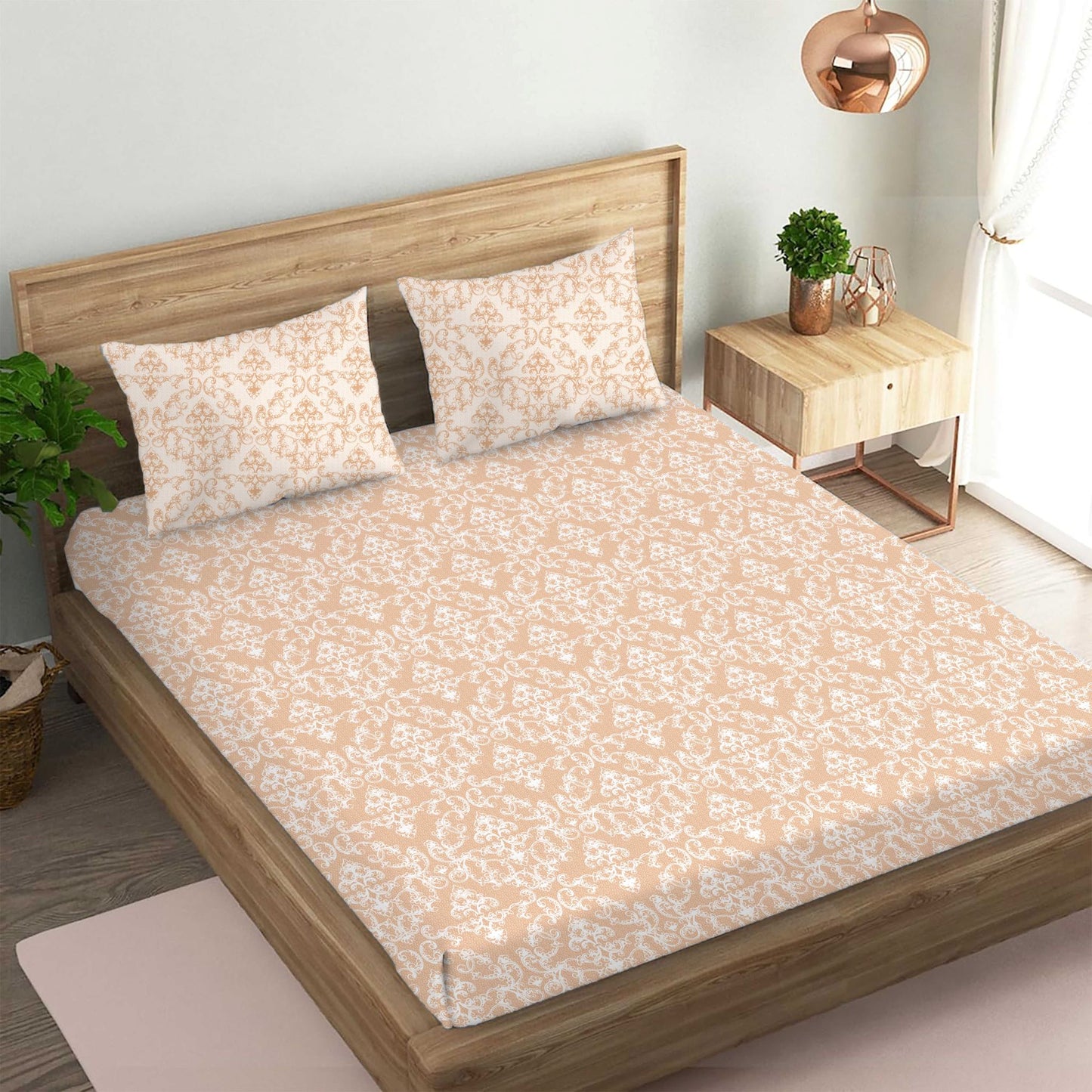 Classic Print Brown Double Bedsheet with Two Pillow Cover | 210TC | King size 9x9 feet
