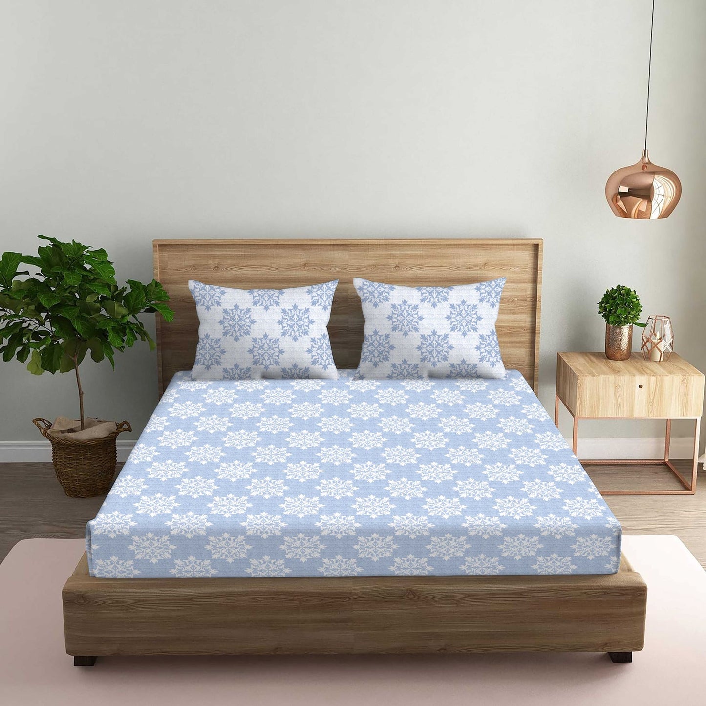 Damask Printed Blue Double Bedsheet with Two Pillow Cover | 210TC | King size 9x9 feet