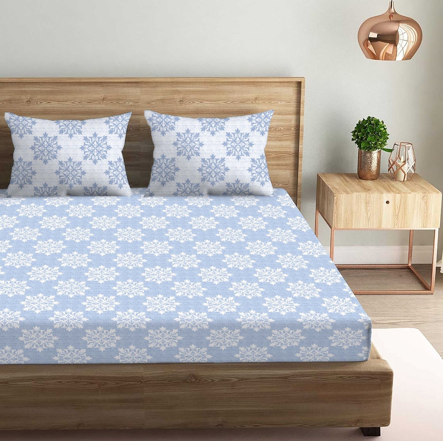 Damask Printed Blue Double Bedsheet with Two Pillow Cover | 210TC | King size 9x9 feet