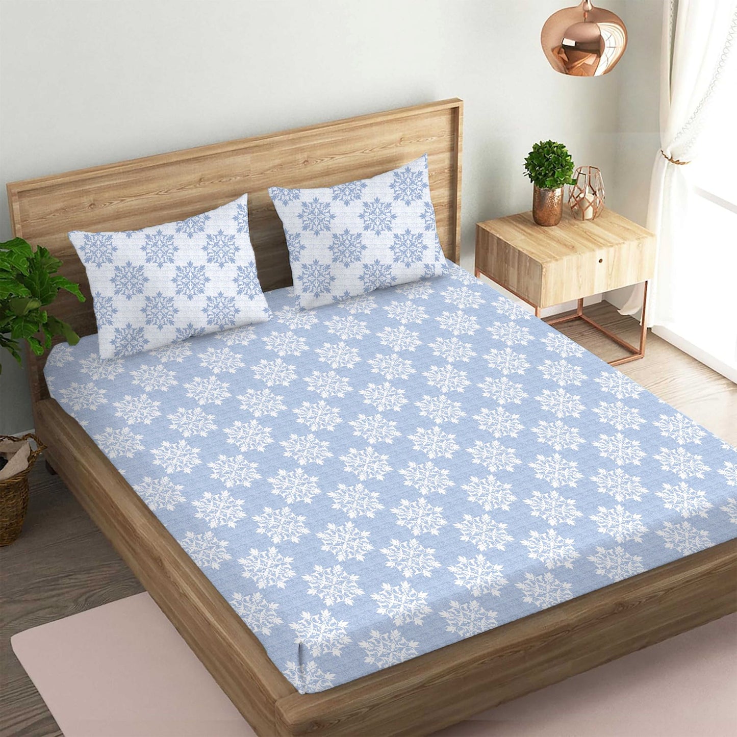 Damask Printed Blue Double Bedsheet with Two Pillow Cover | 210TC | King size 9x9 feet