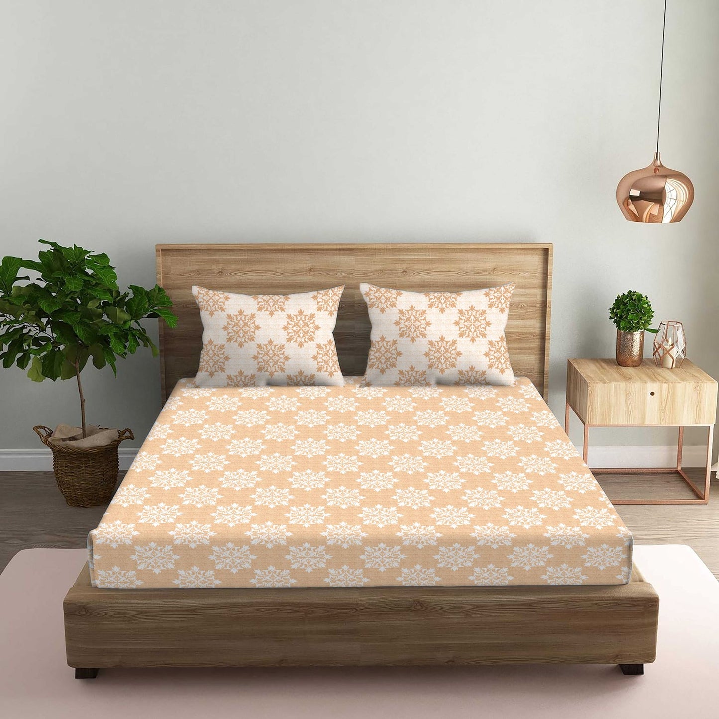 Damask Printed Brown Double Bedsheet with Two Pillow Cover | 210TC | King size 9x9 feet