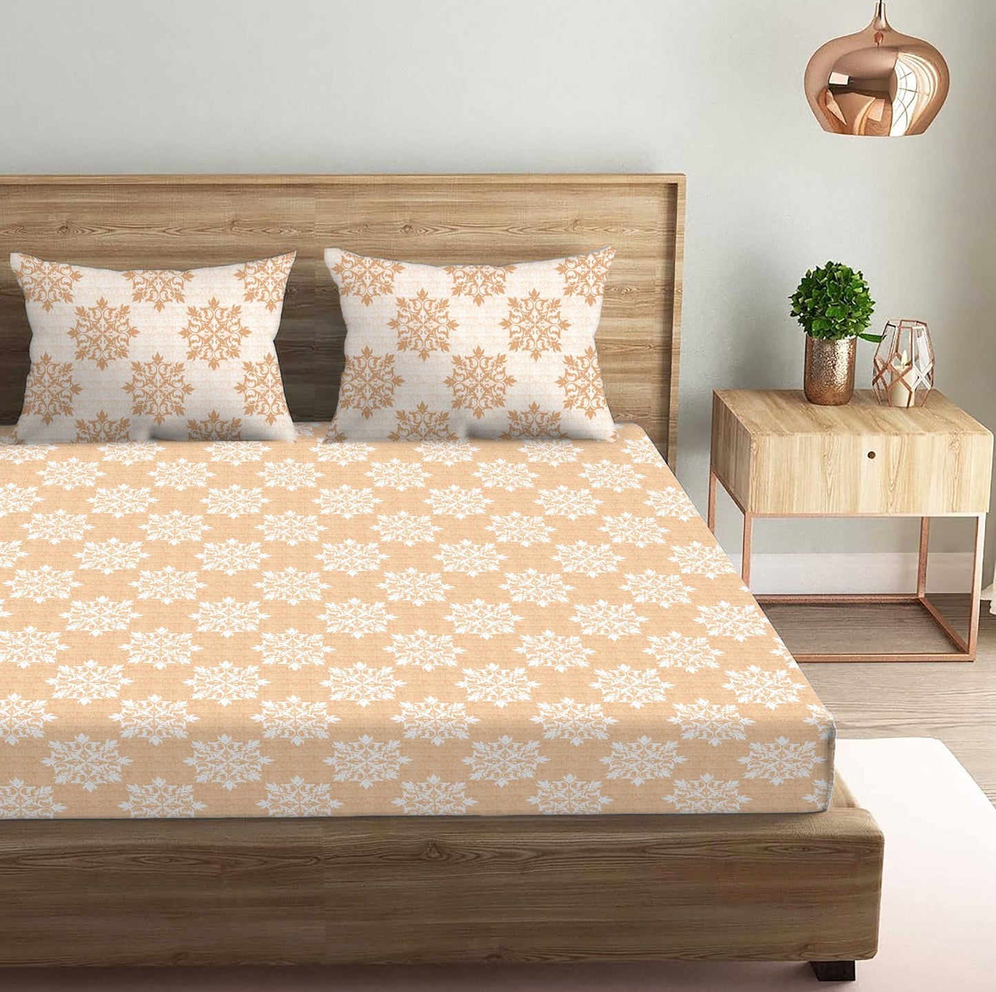 Damask Printed Brown Double Bedsheet with Two Pillow Cover | 210TC | King size 9x9 feet
