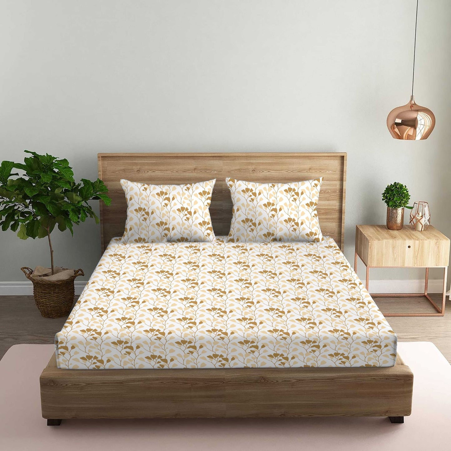 Garden of Tree Beige Double Bedsheet with Two Pillow Cover | 210TC | King size 9x9 feet