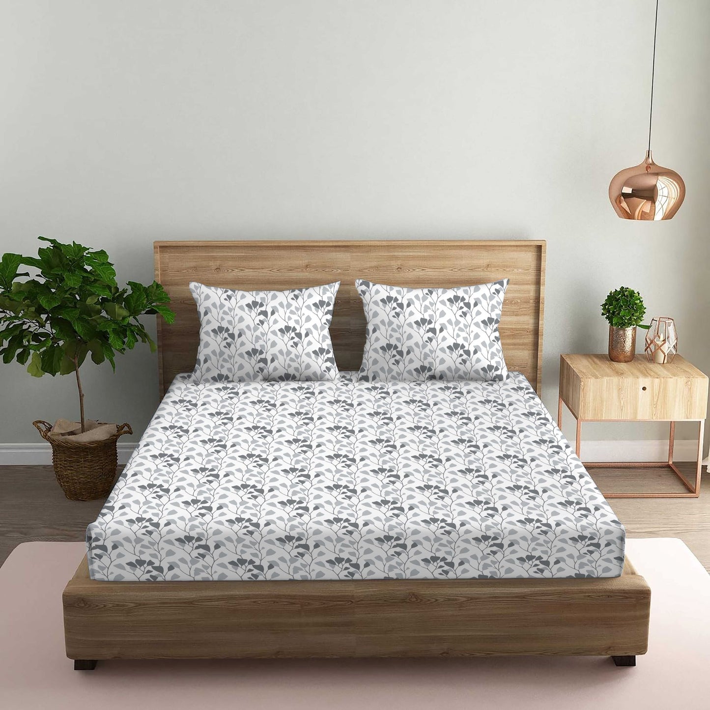 Garden of Tree Grey Double Bedsheet with Two Pillow Cover | 210TC | King size 9x9 feet
