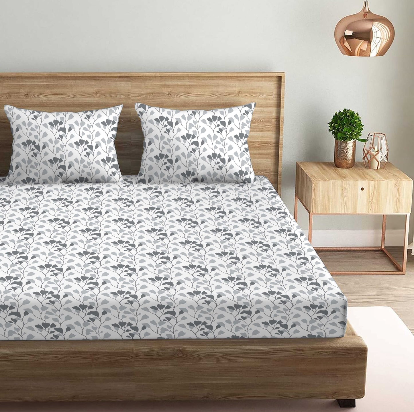 Garden of Tree Grey Double Bedsheet with Two Pillow Cover | 210TC | King size 9x9 feet