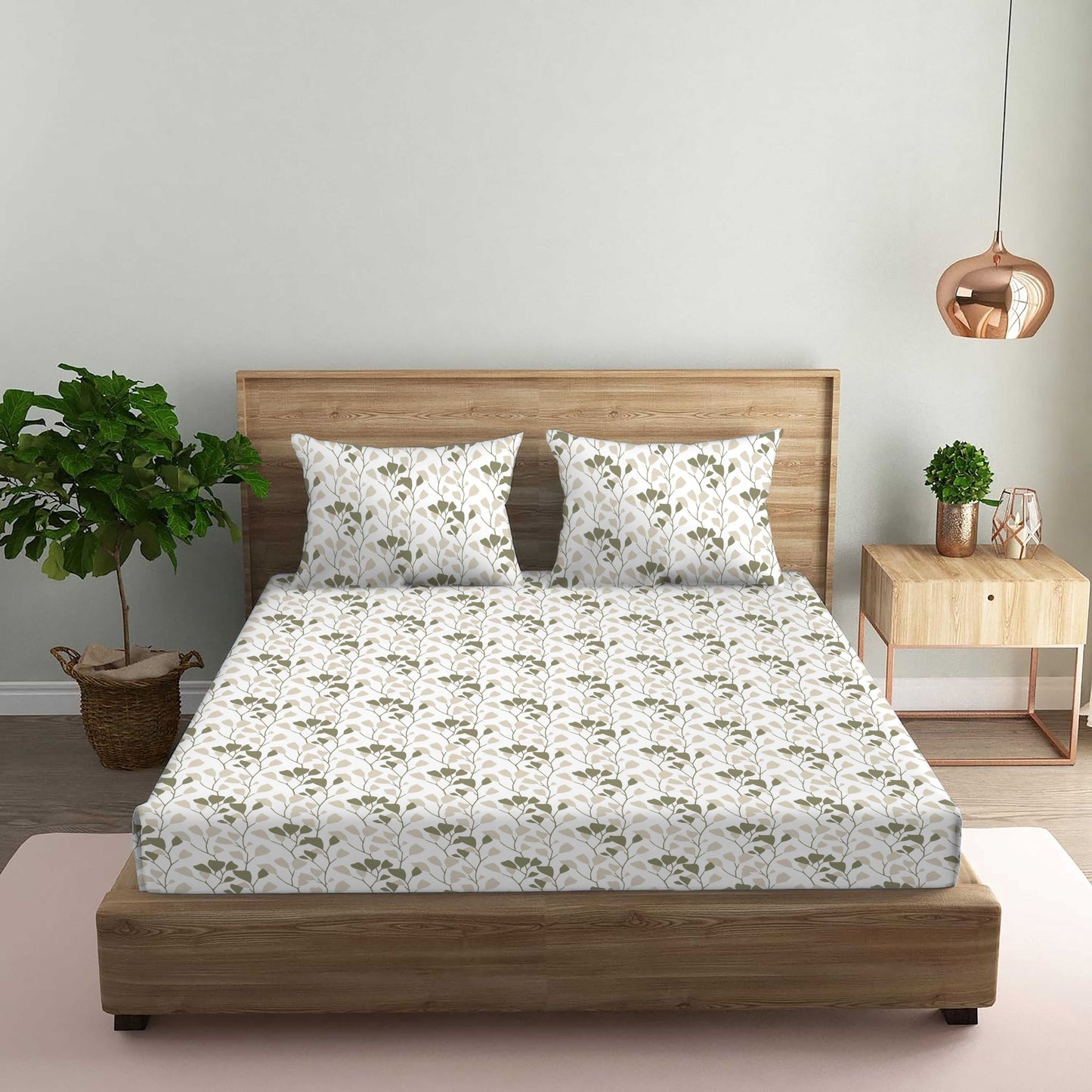 Garden of Tree Light Green Double Bedsheet with Two Pillow Cover | 210TC | King size 9x9 feet