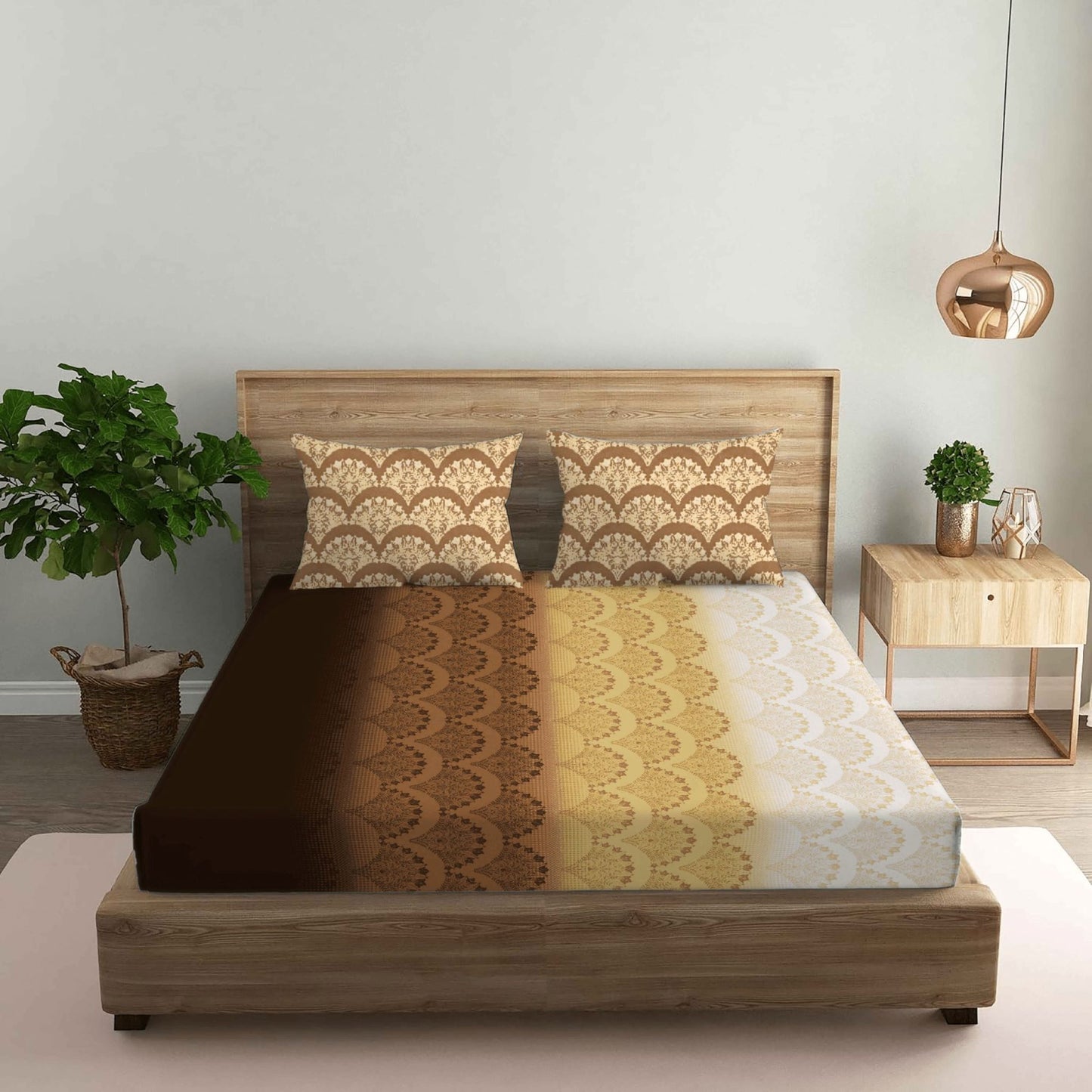 Flower Printed Ombre Design Gold Double Bedsheet with Two Pillow Cover | 210TC | King size 9x9 feet
