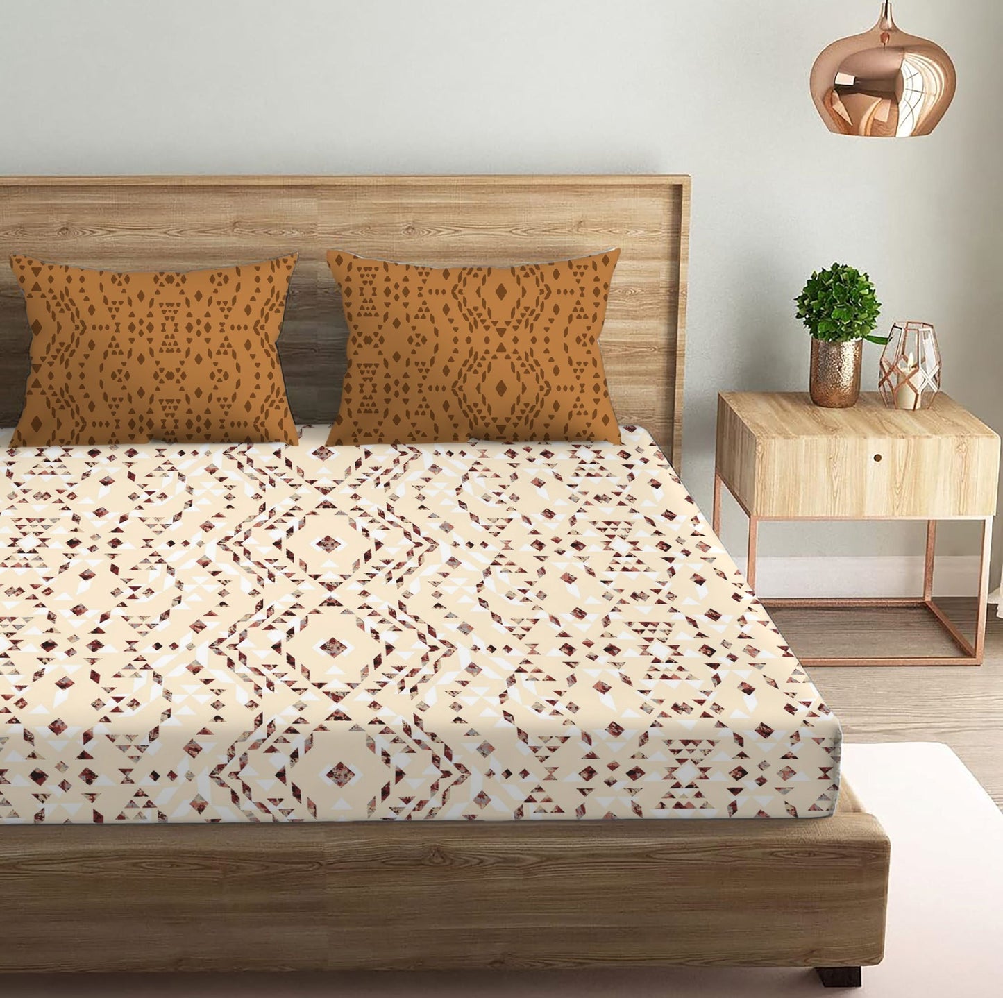 Kaleidoscope Brown Double Bedsheet with Two Pillow Cover | 210TC | King size 9x9 feet