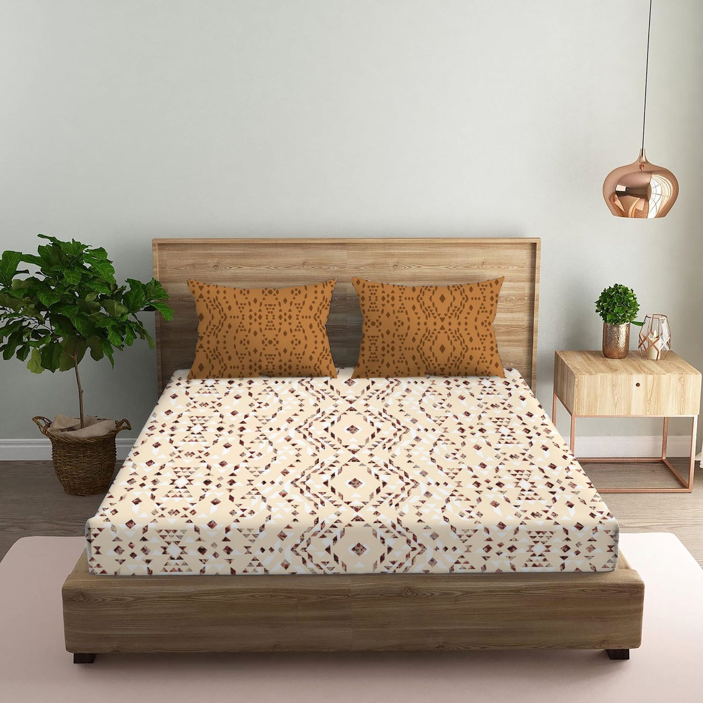 Kaleidoscope Brown Double Bedsheet with Two Pillow Cover | 210TC | King size 9x9 feet