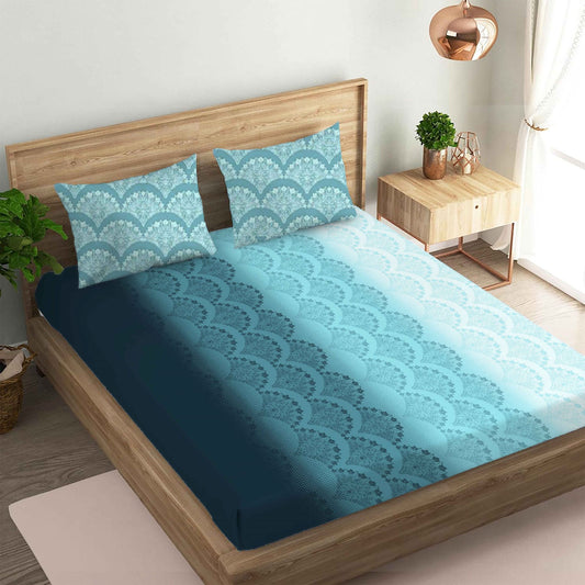 Flower Printed Blue Double Bedsheet with Two Pillow Cover | 210TC | King size 9x9 feet