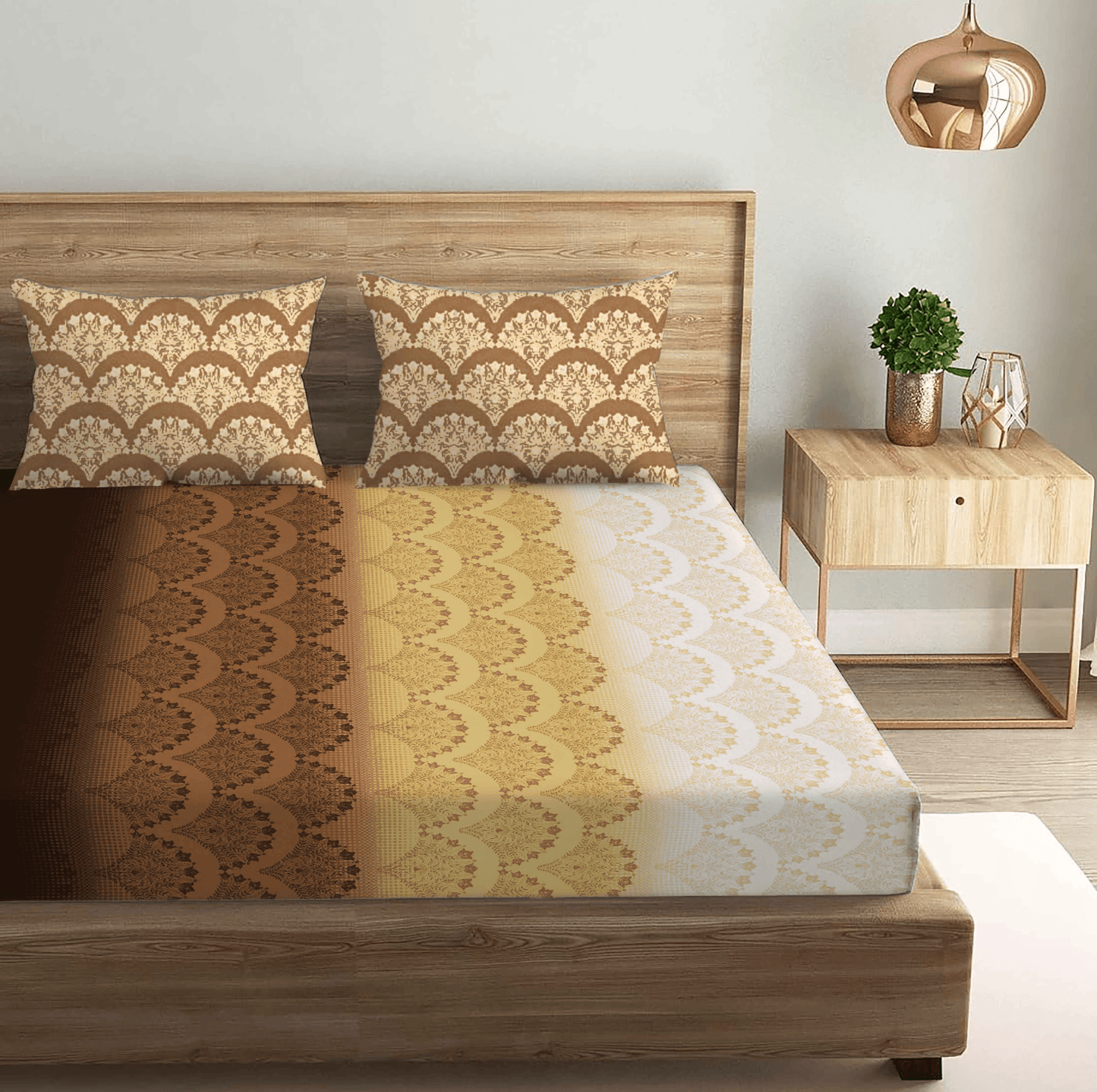 Flower Printed Ombre Design Gold Double Bedsheet with Two Pillow Cover | 210TC | King size 9x9 feet