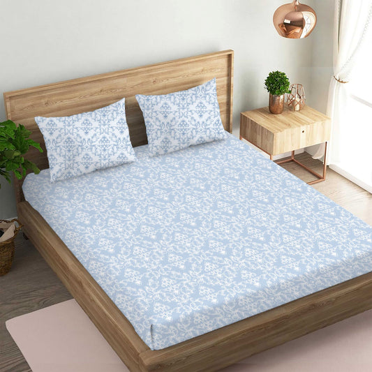 Classic Print Blue Double Bedsheet with Two Pillow Cover | 210TC | King size 9x9 feet