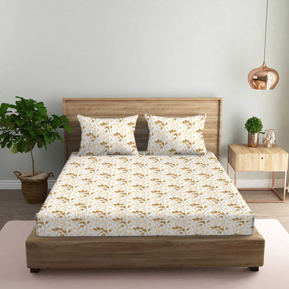 Garden of Tree Beige Double Bedsheet with Two Pillow Cover | 210TC | King size 9x9 feet