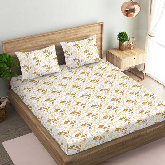 Garden of Tree Beige Double Bedsheet with Two Pillow Cover | 210TC | King size 9x9 feet