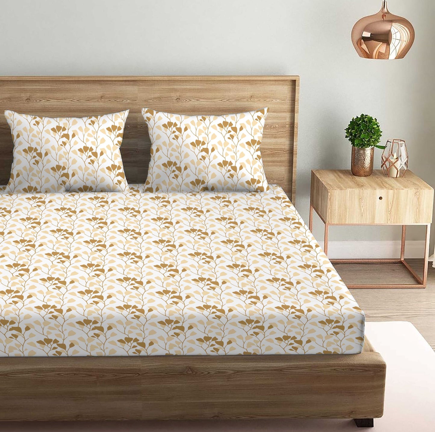 Garden of Tree Beige Double Bedsheet with Two Pillow Cover | 210TC | King size 9x9 feet