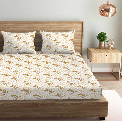 Garden of Tree Beige Double Bedsheet with Two Pillow Cover | 210TC | King size 9x9 feet