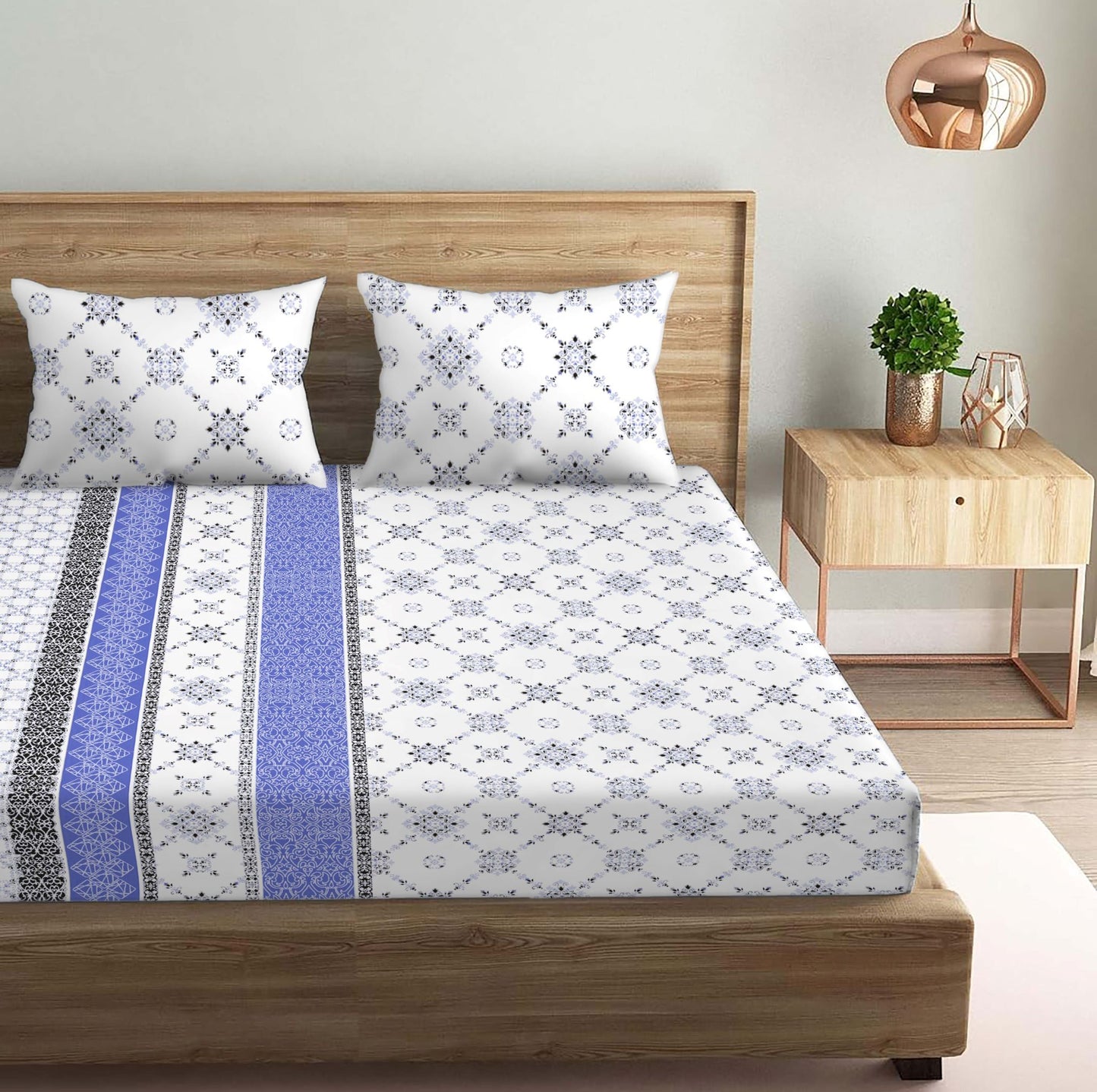 Vintage Blue Double Bedsheet with Two Pillow Cover | 210TC | King size 9x9 feet
