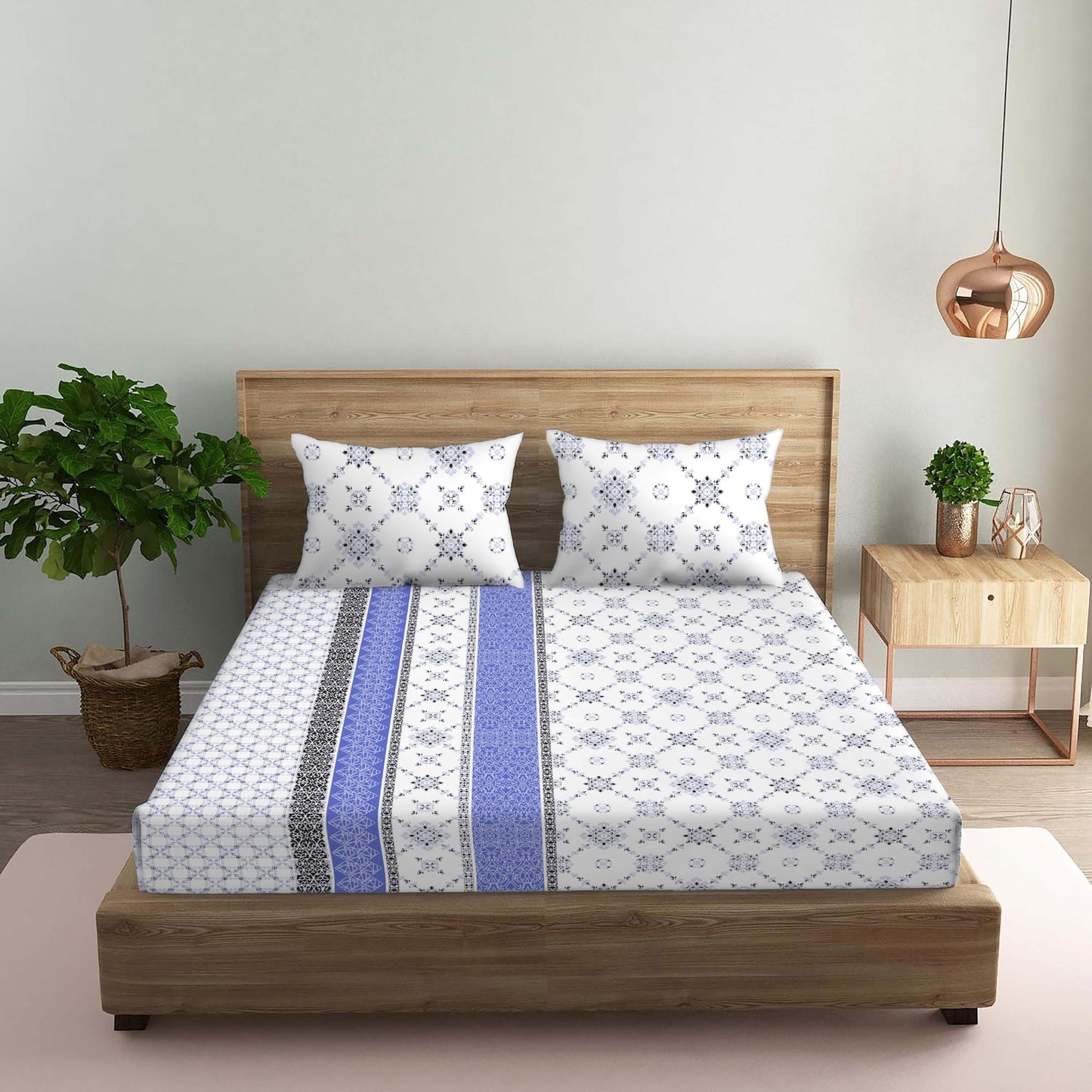 Vintage Blue Double Bedsheet with Two Pillow Cover | 210TC | King size 9x9 feet